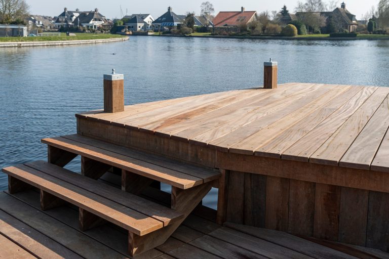 Houten steiger met ingebouwde trap aan het water, aangelegd door Bouma Waterwerken